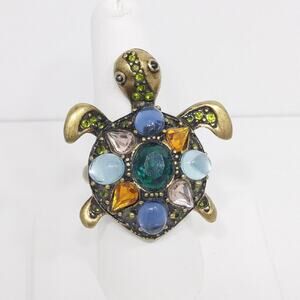 Vintage Turtle Ring, Multicolored Cabs Green Rhinestones, Size 9, 1980s Jewelry